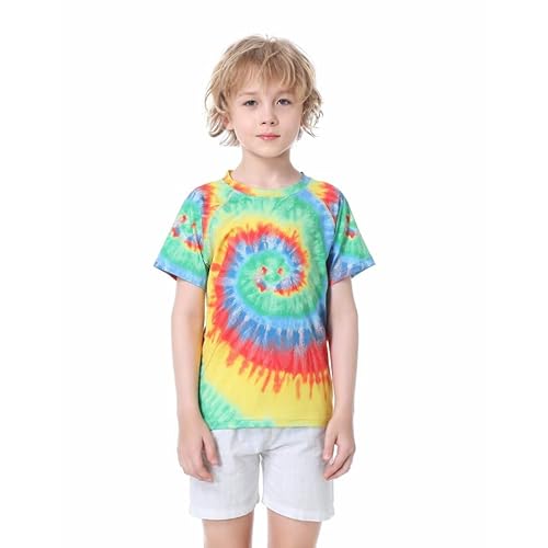 EXARUS Youth Boys Rash Guard Swim Shirts Short Sleeve Sun Shirts Lightweight Quick Dry UPF 50+ with Back Zip Pocket 12 Years Sxtie-dye