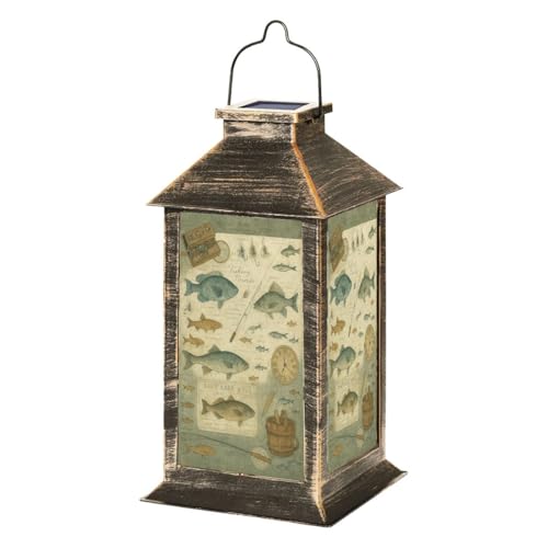 Solar Lanterns Outdoor Waterproof Vintage Fishing Gear Illustrated Fish Collection Fishing Tools Hooks Garden Decor Birthday Gifts for Women Mom Hanging Solar Lights Decorative Lights for Yard Lawn
