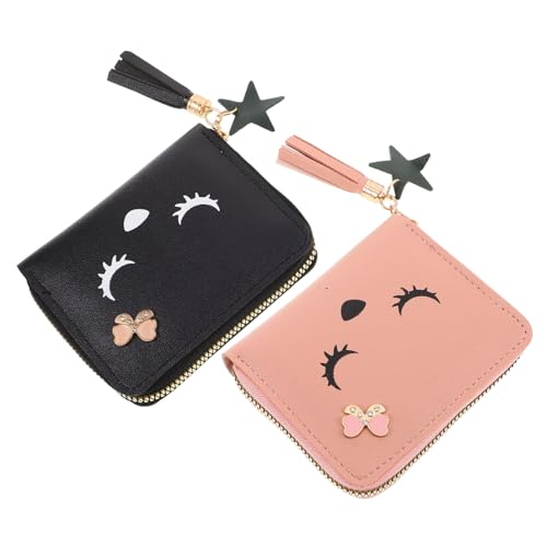 2pcs Cute Zipper Wallet for Women Small Change Purse with Tassel and Card Slots for Daily Use and Travel Kawaii Design for Teen Girls