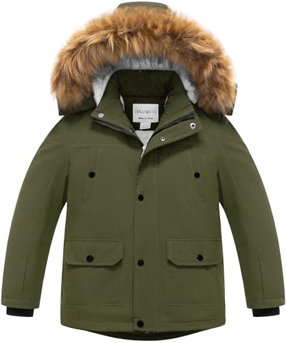 CREATMO US Boy's Long Winter Coat Warm Fleece Lined Waterproof Puffer Jacket Thicken Padded Snow Parka with Faux Fur Hood