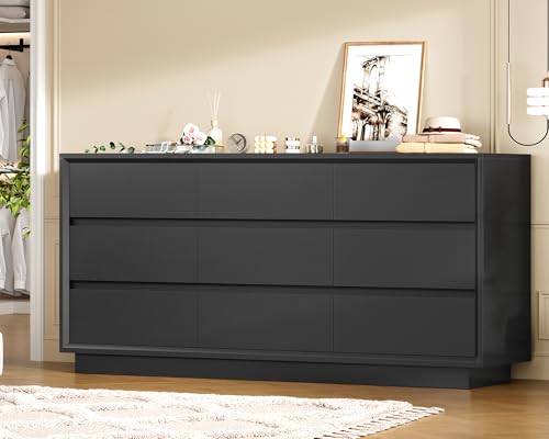 Image of TEENFON 63 inch Dresser for Bedroom with 9 Drawers, Black Dresser with Metal Slide, Bedroom Dressers, Wood Dressers & Chests of Drawers for Bedroom, Hallway, Black