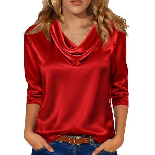Womens Plus Size Tops Dressy Casual Trendy 3/4 Length Sleeve Work Blouses for Women Office Plus Size Casual Dressy Cowl Neck Satin Silk T Shirts Business Formal Spring Fashion Satin Blouse Red XL