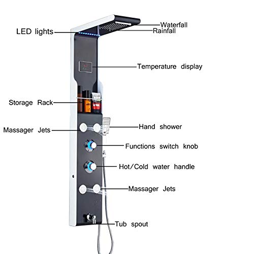 Columna de ducha NEWCES con LED blanco, panel de ducha montado en pared, sistema de torre con ducha manual ABS y estante de almacenamiento miniatura 5