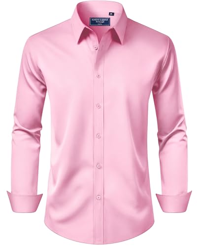 Alimens & Gentle Pink Dress Shirt for Men Regular Fit Stretch Stain Shield Long Sleeve Solid Party Wedding Button Down Shirts,Pink,Large