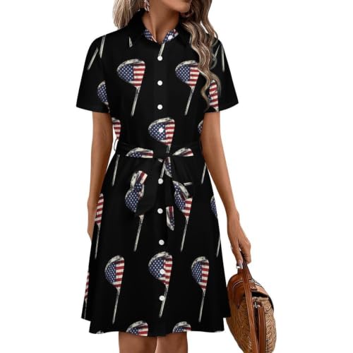 Robe chemise de golf drapeau USA pour femme, style mi-long boutonné et décontracté pour l'été