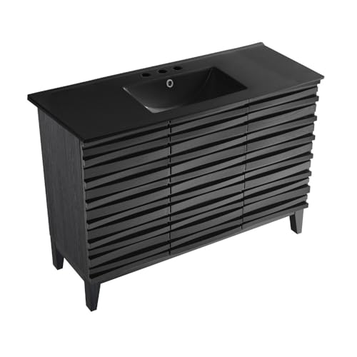Image of Swiss Madison Cascade 48 in. Black Oak Bathroom Vanity with Black, 3-Hole Ceramic Sink Top