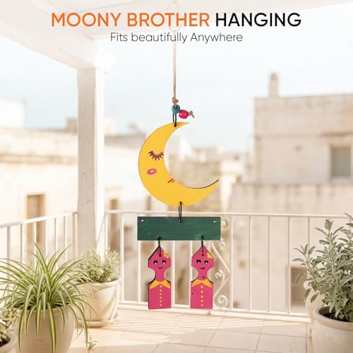 Image of Aakriti Art Creations Moony Brothers Wind Chime Multicolor | Handmade Wooden & Metal Windchimes for Home | Decorative Wind Chimes for Balcony, Garden, Living Room | Feng Shui Wind Chime Decor