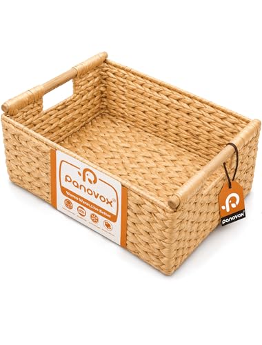 Panovox Water Hyacinth Wicker Basket 15.43*11.02*6.3 Inch Woven Basket with Handles Wooden Handles Wicker Storage Basket Rattan Basket for Decorative Baskets Pantry Shelves Gift Toys - Large