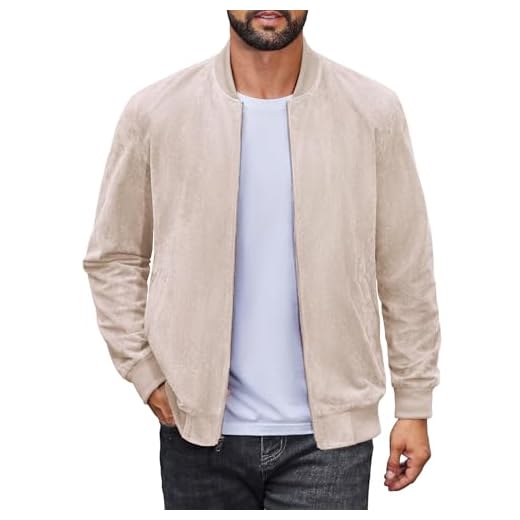COOFANDY Jaqueta bomber masculina leve de camurça, casual, vintage, de couro sintético, Bege, P