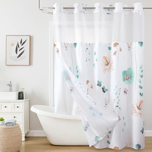 QiyI Flower Shower Curtain with Snap in Liner, Teal Watercolor Floral Cloth for Bathroom, No Hook Shower Curtains with Mesh Top Window, Fabric Waterproof Bathroom Set, 72 x 75 Inch