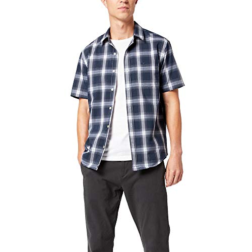 Dockers Men's Classic Fit Short Sleeve Signature Comfort Flex Shirt (Standard and Big & Tall), Navy Ash Blue Plaid, Large