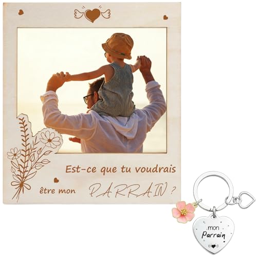 TCRZHHRX Cadeau Parrain Demande, Cadre Photo Magnétique en Bois pour Demande de Parrain, Veux-tu être mon parrain? avec Porte-Clés, Annonce Parrain pour Baptême et Filleul (Parrain)