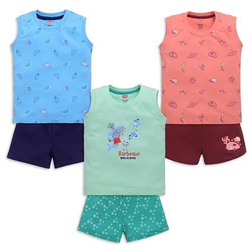 Image of LuvLap Baby Boys Regular Fit 100% Cotton Sleeveless Boys T-Shirt & Shorts Set Pack of 3