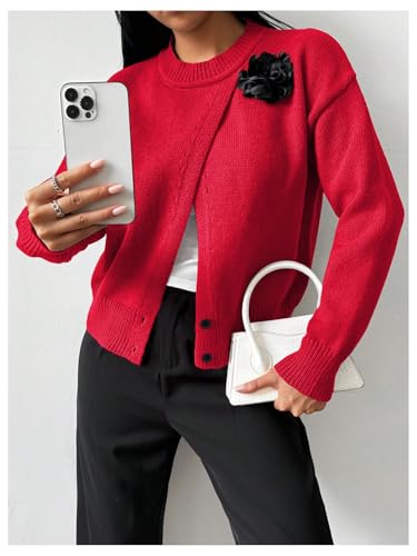 Image of MakeMeChic Women's Wrap Cardigan Sweater Flower Button Down Pullovers Tops Red X-Large