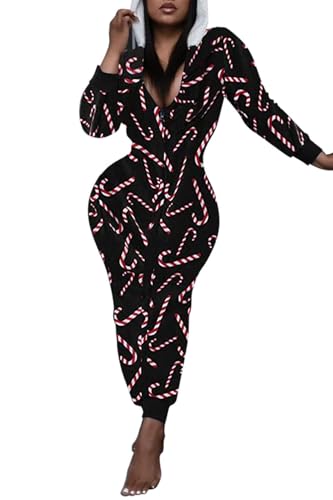 Sangdut Weihnachts Schlafanzug Damen Langärmlig, Warme Onesie Weihnachtspyjama Einteiler Jumpsuit mit Kapuze & Reißverschluss (M, Schwarz -...
