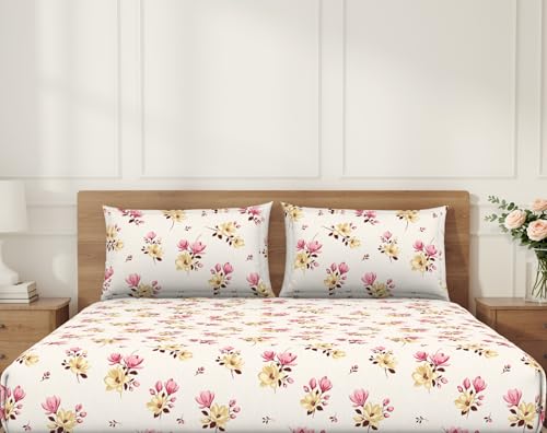 Image of Welspun ENZO King Size Fitted Bedsheet with 2 Pillow Covers | 360 Elastic | 100% Pure Cotton | 72 x 79 Inches | Soft, Breathable, Lightweight & Easy Care | Summer Melon
