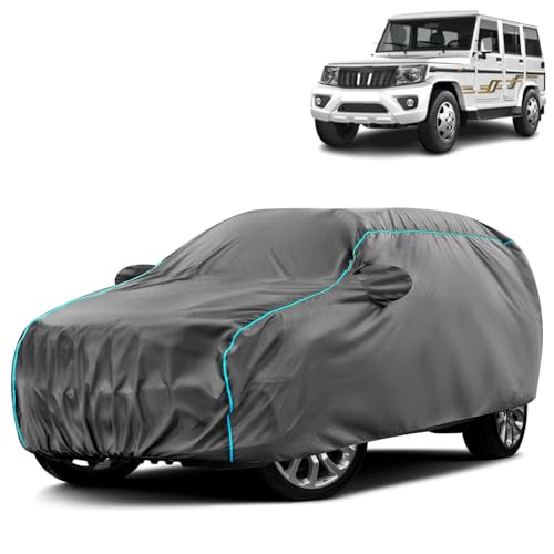 Image of Water-Resistant Dustproof Car Cover for Mahindra Bolero - Mirror Pocket, UV Protection, Scratch Guard, Buckle Belt, Front & Back Bottom Elastic with Aqua Blue Piping - Grey