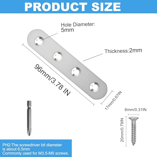 Image of 8 Pack Straight Brace,Flat Brace 3.9 inch x 0.67 inch,Stainless Steel Flat Metal Braces,Repair Bracket with Screws