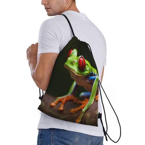 Red Eyes Tree Frogs print Drawstring Bag Waterproof Portable Backpack Traveling Sackpack For Gym Shopping Sport Small, Black3