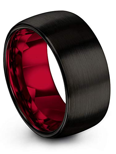 Chroma Color Collection Tungsten Carbide Wedding Band Ring 10mm for Men Women with Red Interior and Black Exterior Dome Style Brushed Polished Comfort Fit Anniversary Size 9.5