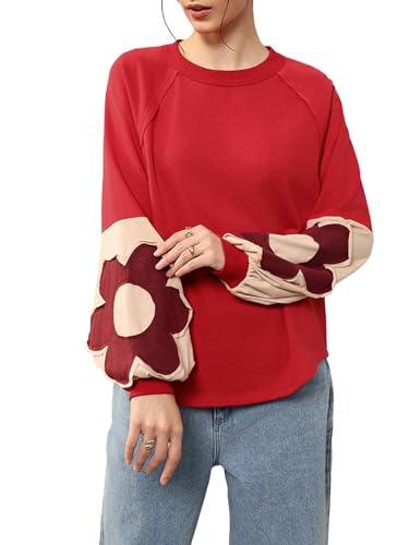 BEAUDRM Women's Oversized Sweatshirt Fall Boho Tops Crewneck Sweatshirt Red