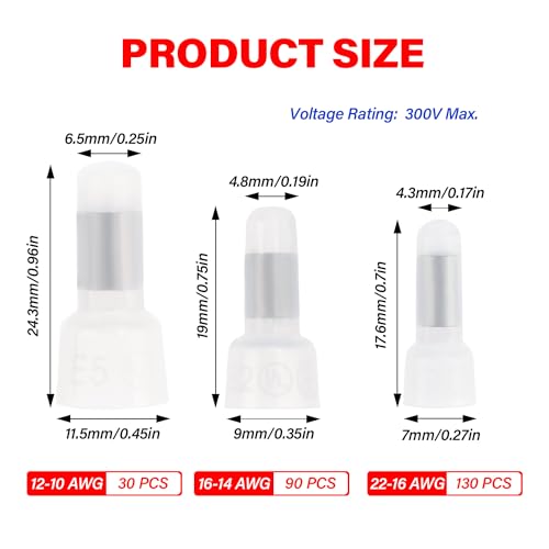 YIXISI 250 PCS Closed End Connectors, Closed End Wire Crimp Cap Terminal Kit, Nylon Wire Cap, 3 Models, 22-16/16-14/12-10 AWG - Image 2
