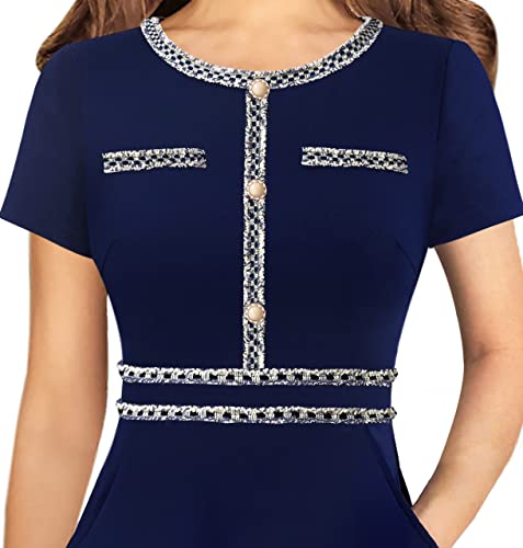 Image of VFSHOW Womens Buttons Pockets Office Business A-Line Dresses Short Sleeve Work Crew Neck Tweed Trim Fit and Flare Swing Dress