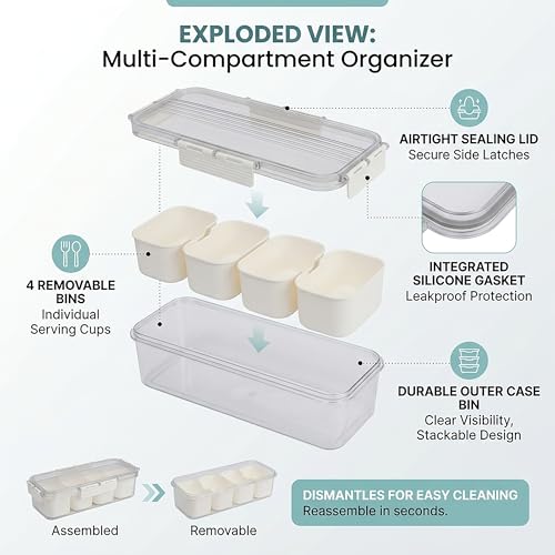 Image of Divided Fridge Storage Boxes With Serving Veggie Tray with Lid and Handle, Fridge Organizer with Removable Compartment, Fridge Storage Containers (4 Grid Container)
