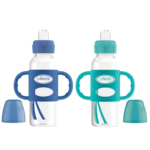Image of Dr. Brown's Milestones Narrow Sippy Spout Bottle with 100% Silicone, Easy-Grip Handles and Soft Sippy Spout, 8oz/250mL, Blue/Turquoise, 2-Pack, 6m+