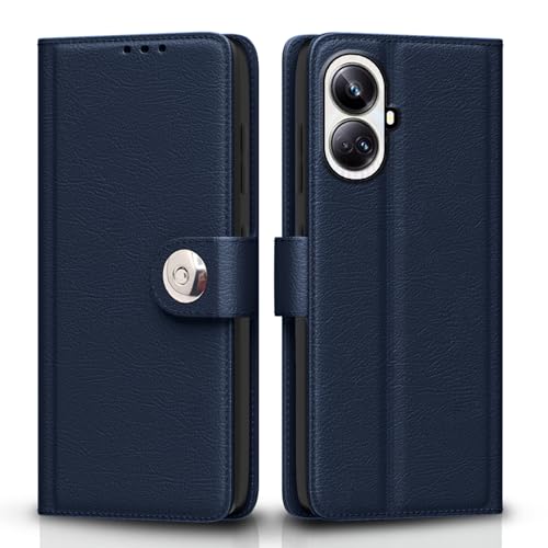 Image of Pikkme Flip Cover Leather Finish | Inside TPU with Card Pockets | Wallet Stand and Shock Proof | Complete Protection Button Flip Case for Realme 10 Pro Plus 5G (Blue)