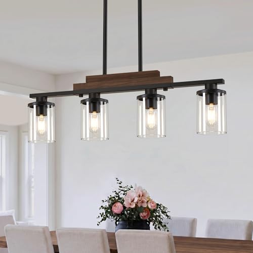 Pendant Lights Kitchen Island, 4-Light Farmhouse Chandeliers for Dining Room, Black Linear...
