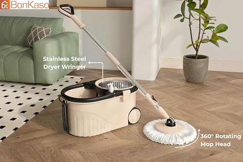Image of Bonkaso Spin Mop with Stainless Steel Wringer & Big Wheels | 360 Rotating Mop, Adjustable Handle | Easy Floor Cleaning Bucket Set with 2 Microfiber Refills - Beige & Black (46 x 26.5 x 23 cm)