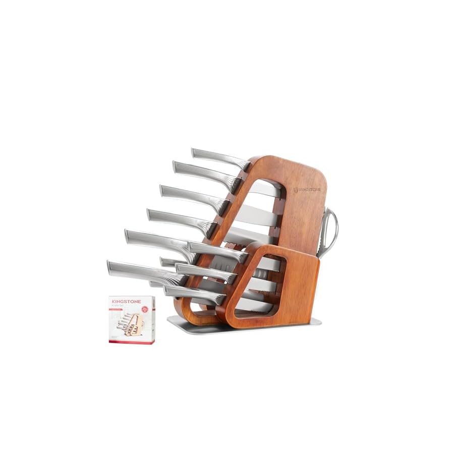 KINGSTONE 14 Pcs Kitchen Knife Set with Block, German Stainless Steel Knife Set with Built-in Sharpener, Dishwasher Safe Knife Block Set (walnut, 14pcs)