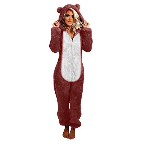 Briskorry Pyjama en peluche pour femme - Pour adulte - Doux et chaud - Onesie - Combinaison pour femme - Combinaison douillette - Pyjama une pièce - Costume de carnaval, Wein18, XXXL Cover