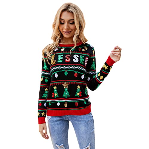 FeMereina Women Men 3D Ugly Christmas Sweaters Funny Christmas Tree Print Pullover Long Sleeve Knitted Xmas Sweater Jumper S-XL (Black#3, S)