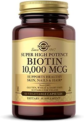 Solgar Biotin 10,000 mcg, 60 Vegetable Capsules - Energy, Metabolism, Promotes Healthy Skin, Nails & Hair - Super High Potency - Non-GMO, Vegan, Gluten Free, Dairy Free, Kosher - 60 Servings
