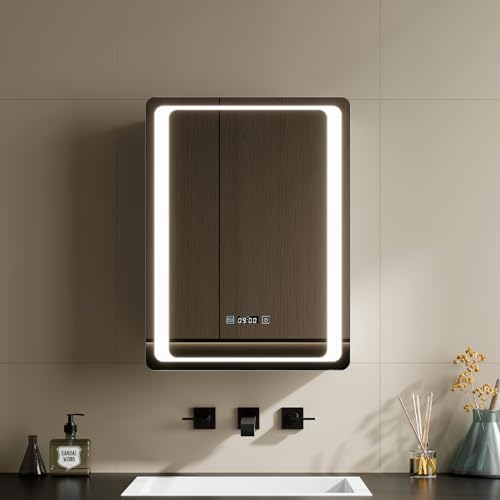 Warmiehomy Bathroom Mirror Cabinet with Lights,45x60cm Time Display 3-color Dimmable LED Illuminated Bathroom Mirror Cabinets with Shaver Socker Defogger Touch Switch One Door,White Frame