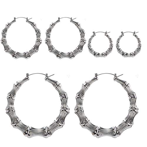 3Pairs Punk Bamboo Big Hoop Earrings for Women Exaggerated Rock 14K Gold Silver Plated Polished Round Circle Geometric Loop Earrings Hip Hop Statement Jewelry Gift
