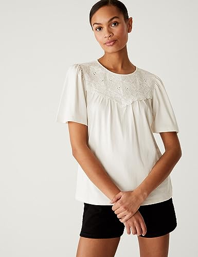 Image of Marks & Spencer Womens Embroidery Cotton Round Neck Regular Fit Short Sleeve Top
