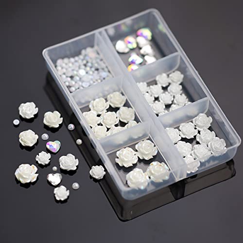 Nail Charms Flower For Acrylic Nails, 3D Nail Charms Rose Flowers Nail Art Accessories Heart Rhinestones White Pearls Nail Art Decorations Valentines Nail Art Charms Nail Designs For Women Girls #TOP4