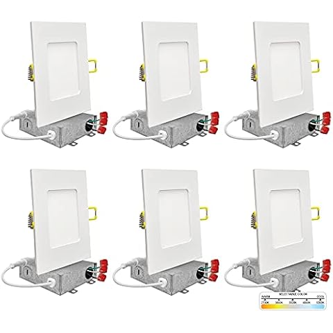 NUWATT 6 Pack 4 Inch Square Wafer LED Recessed Lighting, 5 CCT Selectable 2700K/3000K/3500K/4000K/5000K, 630 Lumens Dimmable, Wet & IC Rated Downlight, 4" Canless Square Lights, Diecast Aluminum J-Box Cover