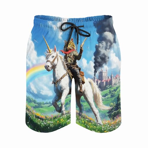 Men's Funny Cat Riding Unicorn with Gun Swim Trunks Boardshort Beach Shorts3