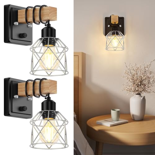 Image of FadimiKoo Wall Sconces Set of Two, Bedside Wood Wall Lamps with Rotary Switch, Black Bathroom Vanity Light with Silver Wire Cage, Rustic Dimmable Sconces Wall Lighting for Living Room, Hallway, Mirror