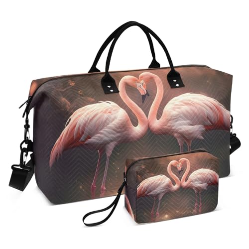 Large Travel Duffel Bag, Flamingo Romantic Sports Tote Gym Bag, Shoulder Weekender Overnight Bag for Women Men, Carry On Luggage with Toiletry Bags