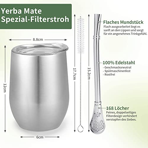 TELANKS Modernes Mate Becher 340 ml, Yerba Mate Cup Set Edelstahl doppelwand isolier Design, Mate Tee Tasse mit BPA-freiem Deckel, Bombillas und eine Reinigungsbürste (Silber)