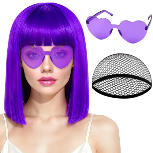 PLULON Dark Purple Bob Wig with Bangs Short Straight Bob Wig with Heart Sunglasses 12 Inch Shoulder Length Heat Resistant Synthetic Hair for Women Natural Look Daily Cosplay Halloween Costume Party