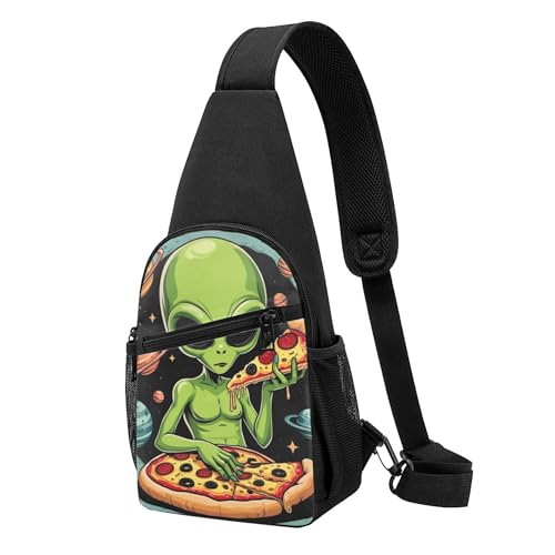 Stylisch Taktisch Brusttasche Lustiges Kunstwerk: Weltraum-DJ-Alien isst Pizza Brusttasche Verstellbarer Rucksack für Herren Damen Kletternoutdoor