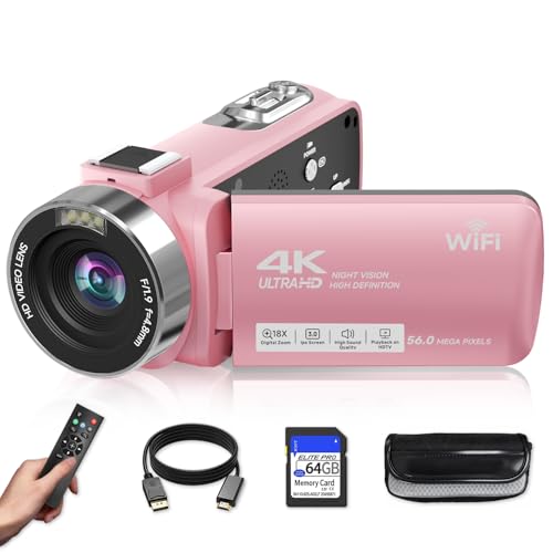 Video Camera, 4K Camcorder 56MP Digital Video Recorder 18X Zoom 3' 270° Rotation Touchscreen IR Night Vision, Wifi Vlogging Camera for YouTube 64GB Card Anti-Shake Remote Control Camera Bag Lens Cap
