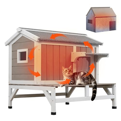 PetsCosset Insulated Cat House Outdoor with Balcony All-Round Insulation Weatherproof Outside Feral Cat Shelter for Winter, Wooden Pet House with Rais