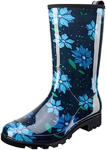 HISEA Women's Rain Boots Waterproof Rubber Rain Shoes for Ladies Mid Calf Garden Boots with Comfort Insole, Blue Flower, 9